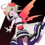  1girl :3 ahoge arm_strap backless_dress backless_outfit bag bare_shoulders belt black_background blush bracelet colored_tips curled_horns demon_girl demon_horns demon_wings dress dutch_angle dyed_ahoge fangs feet_out_of_frame frilled_dress frills from_behind from_below gloves grey_hair hair_between_eyes handbag highres horns jewelry long_dress looking_at_viewer looking_back makaino_ririmu makaino_ririmu_(1st_costume) multicolored_hair nijisanji off-shoulder_dress off_shoulder open_mouth outstretched_arms pointy_ears red_bag red_eyes red_horns red_streaks red_wings short_hair shoulder_bag sidelocks simple_background solo spread_arms standing standing_on_one_leg streaked_hair virtual_youtuber white_dress white_gloves wings yagita_(astronomie) 