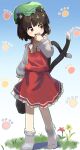  1girl absurdres animal_ears arugk5 blue_background brown_eyes brown_hair cat_ears cat_tail chen hat highres long_sleeves looking_at_viewer mob_cap multiple_tails nekomata paw_print red_skirt red_vest shirt short_hair skirt socks solo tail touhou two_tails vest white_shirt 
