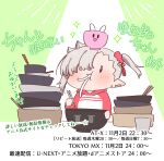  1girl absurdres bowl chanto_suenai_kyuuketsuki-chan chibi chopsticks commentary_request ear_piercing earrings food green_background grey_hair hair_ornament hair_over_one_eye hair_scrunchie highres holding holding_chopsticks hood hood_down hoodie ishikawa_luna jewelry long_sleeves nikki_kyousuke noodles on_head piercing pointy_ears red_hoodie red_scrunchie scrunchie side_ponytail solo sparkle stud_earrings translation_request two-tone_background white_background 