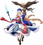  1girl animal animal_on_hand beak bird bird_on_hand blonde_hair blue_coat blue_corset blue_eyes blue_hat boots braid breasts brown_bird brown_boots brown_wings coat corset dress earmuffs falconry falconry_glove floating_clothes floating_hair floating_scarf fold-over_boots fringe_trim full_body fur-trimmed_coat fur-trimmed_dress fur_hat fur_trim game_cg gloves hat hawk holding holding_polearm holding_weapon langrisser langrisser_mobile langrisser_re:incarnation long_dress long_hair looking_at_viewer low-tied_long_hair medium_breasts michelle_(langrisser) official_alternate_costume official_art parted_lips polearm red_scarf scar scarf simple_background socks solo_focus sparkle spread_wings standing standing_on_one_leg tachi-e third-party_source transparent_background twin_braids twintails two-sided_coat two-sided_fabric walking weapon white_dress white_socks wings winter winter_clothes winter_coat 
