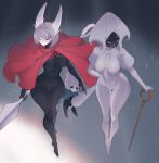  1boy 2girls arthropod_girl black_bodystocking black_skin bluepudding breasts cloak closed_eyes colored_skin covered_navel curvy hat highres holding holding_weapon hollow_knight hollow_knight:_silksong hornet_(hollow_knight) knight_(hollow_knight) lace_(hollow_knight) medium_breasts multiple_girls narrow_waist needle_(hollow_knight) pin_(hollow_knight) red_cloak weapon white_bodystocking white_hat wide_hips 