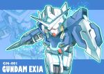  absurdres blue_eyes character_name chibi commentary daigosan_(k66daigensui) english_text glowing glowing_eyes gundam gundam_00 gundam_exia highres holding holding_sword holding_weapon light_particles looking_at_viewer mecha mobile_suit no_humans robot science_fiction sd_gundam shield sword v-fin weapon 