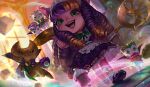  1girl :d alternate_costume apron bangs bell blonde_hair bow bowtie cafe_cuties_(league_of_legends) croissant cupcake dress food full_body green_bow green_bowtie green_eyes highres holding holding_tray league_of_legends lulu_(league_of_legends) monkae_(m0nkaeee) multicolored_hair neck_bell purple_dress purple_hair red_lips shoes smile solo tray two-tone_hair waist_apron white_apron window yordle 
