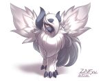  :3 absol animal_focus artist_name bangs bright_pupils claws closed_mouth commentary dated dated_commentary expressionless feathered_wings fluffy full_body fur_collar glasses hair_over_one_eye highres long_hair looking_at_viewer mega_absol mega_pokemon no_humans one_eye_covered pokemon pokemon_(creature) red-framed_eyewear red_eyes semi-rimless_eyewear signature simple_background solo standing straight-on white_background white_hair white_pupils white_theme white_wings wings zinfyu 