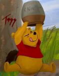 2022 animate_inanimate bear bent_arm black_eyebrows black_eyes black_nose blue_sky bottomless bottomless_male clothed clothed_male clothing colored day digital_media_(artwork) digital_painting_(artwork) disney english_description eyebrows featureless_crotch featureless_feet feet fur grass hi_res holding_pot honeypot light lighting living_plushie male mammal mitten_hands one_eye_closed painting_(artwork) pink_tongue plant plushie pooh_bear pottery prosonicdagan red_clothing red_shirt red_topwear semi-anthro shaded shirt signature sitting sitting_on_ground sky solo text tongue tongue_out topwear tree winnie_the_pooh_(franchise) yellow_body yellow_fur