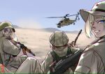  1other 3girls afghanistan aircraft ak-74 aks-74ub army artist_name assault_rifle attack_helicopter blonde_hair blue_eyes blue_sky camouflage clear_sky desert desert_camouflage dust gun hair_over_one_eye hat helicopter helmet highres kalashnikov_rifle long_hair looking_at_viewer looking_back machine_gun mardjan mi-24 military military_hat military_uniform military_vehicle multiple_girls original pbs-4 pk_machine_gun red_star rifle sky smile soviet soviet_army ssh-68_combat_helmet star_(symbol) tactical_clothes teeth weapon 