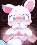  ambiguous_gender anthro badwingm blush bodily_fluids canid canine disembodied_hand duo female female/ambiguous fox fur genitals hi_res human human_on_anthro interspecies jewelpet larimar_(jewelpet) mammal pussy sanrio spread_pussy spreading sweat white_body white_fur 