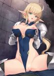  1boy 1girl ahoge armor armored_boots armored_gloves armored_legwear black_gloves blonde_hair blue_bow blue_collar blue_leotard boots bow breast_lift breasts bulge cleft_of_venus clothing_aside collar commentary_request covered_navel elf erection erection_under_clothes gauntlets gloves grabbing_own_breast green_eyes highleg highleg_leotard kirishima_satoshi large_breasts leotard leotard_aside leotard_elf_knightess_(kirishima_satoshi) long_hair long_pointy_ears nipples open_mouth original pauldrons pointy_ears pussy shoulder_armor sideless_leotard stone_wall super_highleg very_long_hair 