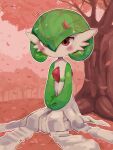  1girl :&lt; blush bob_cut closed_mouth colored_skin commentary flat_chest full_body gardevoir grass green_hair green_skin hair_between_eyes highres kneeling leaf leaf_on_head looking_afar multicolored_skin on_ground outline own_hands_together pokemon pokemon_(creature) red_background red_eyes rr_(user_hcrd3433) seiza short_hair sitting solo tree two-tone_skin under_tree white_outline white_skin 