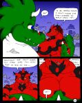 anthro big_breasts body_size_growth breasts comic dnapalmhead dragon duo english_text female giga growth_lines huge_breasts macro male muscular muscular_female muscular_male mythological_creature mythological_scalie mythology onomatopoeia redsaber scalie size_difference size_transformation sound_effects speech_bubble text third-party_edit transformation