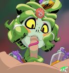 absurd_res black_eyes blush blush_stickers duo dusa_(hades) european_mythology fangs female first_person_view forked_tongue front_view genitals gorgon greek_mythology green_body green_scales hades_(game) hi_res human licking living_hair male mammal mouth_creature mythology oral penile penis penis_lick pink_tongue pseudo_hair reptile scales scalie sex snake snake_hair tan_body tan_skin teeth tongue tongue_wrapped_around_penis toughtips yellow_sclera