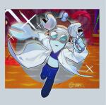  1girl blue_skin colored_skin d2k_(812404562) full_body game_screenshot_background goggles holding holding_wrench lab_coat mario_&amp;_luigi:_brothership mario_&amp;_luigi_rpg mario_(series) midriff screenshot_background solo technikki_(mario) time_stop wrench 