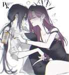  2girls alcohol belt black_hair black_shirt black_skirt blush bottle cigarette closed_eyes earrings highres holding holding_bottle jewelry long_hair mm19_mumu multiple_girls original parted_lips ponytail purple_hair shirt simple_background skirt strap_slip whiskey white_background white_shirt yuri 