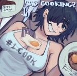  1girl apron bacon black_hair breasts brown_background chainsaw_man egg eyepatch food food_on_body food_on_breasts fried_egg green_eyes highres himeno_(chainsaw_man) large_breasts liowig looking_at_viewer meme_attire nude plate short_hair smile solo spatula 