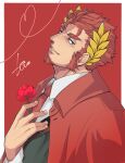  1boy blue_eyes border claude_(housamo) coat commentary_request facial_hair flower formal goatee hand_on_own_chest heart highres hio_tksr05 holding holding_flower laurel_crown long_sideburns looking_at_viewer male_focus mature_male muscular muscular_male necktie outside_border parted_lips red_background red_coat red_flower red_hair red_necktie red_rose rose short_hair sideburns signature smile solo thick_eyebrows tokyo_afterschool_summoners upper_body white_border 