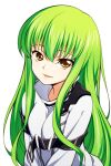  1girl breasts c.c. code_geass green_hair laco_soregashi long_hair looking_at_viewer open_mouth simple_background smile solo white_background yellow_eyes 