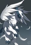  absol animal_focus artist_name bangs claws closed_mouth commentary dated english_commentary expressionless feathered_wings feathers from_side gradient gradient_background grey_background highres kaziearts mega_absol mega_pokemon monochrome no_humans pokemon pokemon_(creature) red_eyes short_hair signature simple_background solo white_feathers white_hair white_wings wings 