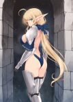  1girl ahoge armor armored_boots armored_gloves armored_legwear ass back backless_outfit bare_back black_gloves blonde_hair blue_bow blue_collar blue_leotard boots bow breasts collar commentary_request elf gauntlets gloves green_eyes highleg highleg_leotard kirishima_satoshi large_breasts leotard leotard_elf_knightess_(kirishima_satoshi) long_hair long_pointy_ears looking_back original pauldrons pointy_ears shoulder_armor shoulder_blades sideless_leotard solo stone_wall super_highleg very_long_hair 