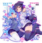  2girls :d absurdres animal_ear_fluff animal_ears bangs black_shorts black_skirt black_thighhighs blue_eyes blush cat_ears cat_girl cat_tail closed_mouth commentary_request dog_ears dog_girl floppy_ears full_body grey_hoodie heart heterochromia highres hood hoodie long_sleeves looking_at_viewer medium_hair milk_carton monster_energy multiple_girls no_shoes open_mouth original paw_pose pink_eyes seiza shorts signature sitting skirt smile sweater tail thighhighs uenomigi white_sweater white_thighhighs 