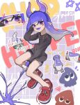  1girl :d absurdres autobomb_(splatoon) black_shirt black_shorts border chu_u0spl dolphin_shorts eyelashes facial_mark fake_horns floating_hair grid_background highres horns inkling inkling_girl inkling_player_character long_hair long_sleeves looking_at_viewer outside_border pointy_ears purple_background purple_eyes purple_hair purple_trim red_sandals sandals shirt shorts smile solo splatoon_(series) splatoon_3 star_(symbol) star_facial_mark teeth tentacle_hair tetra_dualies_(splatoon) upper_teeth_only white_border 