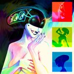  1girl black_lips black_nails blue_light breasts cleavage colored_skin covering_breasts covering_privates cyberpunk deltarune electric_fan facial_mark glowing green_light grin head-mounted_display helmet highres large_breasts lipstick long_eyelashes looking_at_viewer looking_to_the_side makeup medium_breasts mole mole_under_eye nail_polish nude open_mouth pale_skin personification queen_(deltarune) rainbow_gradient red_light rgb_lights scallybag01 screen_light silhouette smile solo teeth topless_female upper_body utdr_(toby_fox) white_skin 