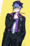  1boy :&lt; belt black-framed_eyewear black_coat black_pants coat collared_shirt commentary_request corbeau_(pokemon) eyewear_strap glasses hand_in_pocket long_sleeves male_focus me_(mikannu) multicolored_hair necktie open_clothes open_coat pants pokemon pokemon_legends:_z-a purple_hair purple_shirt round_eyewear shirt simple_background solo twitter_username white_necktie yellow_eyes 