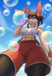 absurd_res anthro arm_tuft blue_eyes blue_sky bottomwear bra brown_body brown_fur brown_hair bubble clothing ear_piercing female freckled_face freckles fur hair hi_res inner_ear_fluff lagomorph leggings legwear leporid lina_corvus mammal midriff navel piercing rabbit red_bottomwear red_clothing red_shorts shorts shoulder_spots shoulder_tuft sky skyscape soap_bubbles solo sports_bra sportswear spots spotted_ears tan_body tan_fur tuft underwear vanny_(shadycrafts)