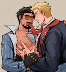  2boys abs arc_reactor avengers_(series) black-framed_eyewear black_gloves black_hair black_jacket black_suit black_vest blonde_hair blue_eyes blue_jacket blue_pants blue_suit brown-tinted_eyewear buttons collarbone collared_shirt facial_hair fingerless_gloves fingernails formal_clothes gloves grey_background hand_on_another&#039;s_chest highres holding_another&#039;s_wrist jacket jewelry lapels looking_at_another male_focus marvel marvel_rivals multiple_boys multiple_rings muscular muscular_male necktie nipples official_alternate_costume open_clothes open_jacket open_shirt pants pectorals red_necktie ring shirt short_hair simple_background sitting smile star_(symbol) star_print steve_rogers striped_clothes striped_jacket striped_pants striped_vest suit suit_jacket sunglasses teeth tinted_eyewear tony_stark v-shaped_eyebrows vest weibo_7899261198 white_hair 