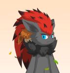 autumn blue_eyes brown_body brown_fur brown_nose duo eevee eyes_closed fur generation_1_pokemon generation_5_pokemon grey_body grey_fur hair hi_res humanoid inner_ear_fluff kyshan_(artist) leaf liujinwen_the_eevee_(kyshan-73) long_hair male male/male nintendo pokemon pokemon_(species) red_hair simple_background sleeping smile tuft tufted_fur zhangbeicai(kyshan-73) zoroark