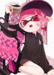  .96_gal_(splatoon) 1girl bandaid bandaid_on_cheek bandaid_on_face baseball_cap black_shirt black_shorts collared_shirt commentary dolphin_shorts hat highres inkling inkling_girl inkling_player_character long_hair looking_at_viewer open_mouth pink_hair pink_trim pointy_ears red_eyes red_pupils sabata_saba shirt shorts sitting smile solo splatoon_(series) splatoon_3 symbol-only_commentary tentacle_hair 