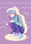  1girl beanie brown_hair character_name closed_mouth commentary_request drop_shadow earflap_beanie green_sweater hair_between_eyes hat highres konoe_kanata long_hair long_sleeves looking_at_viewer love_live! love_live!_nijigasaki_high_school_idol_club pants pom_pom_(clothes) pom_pom_beanie purple_background purple_eyes ric._(marchen_mozuku) shoes signature smile sneakers solo squatting sweater twitter_username white_shoes 