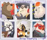  6+boys animal_ears artist_name ball banyue_(zenless_zone_zero) bear bear_boy bear_ears ben_bigger big_daddy_(zenless_zone_zero) boar_boy boar_ears book cake can claws english_commentary english_text fang food furry furry_male hard_hat helmet highres holding holding_ball holding_book holding_cake holding_can holding_food looking_at_viewer male_focus mishka_(zenless_zone_zero) multiple_boys notice_lines open_mouth pan_yinhu panda_boy panda_ears pig_nose polar_bear robot_boy round_eyewear smile sparkle sunglasses treefurry tusks von_lycaon white_fur wok wolf_boy wolf_ears zenless_zone_zero 