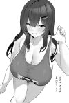  1girl absurdres bangs bare_arms bare_shoulders blush breasts cleavage collarbone from_above hair_ornament hairclip highres hotate-chan large_breasts long_hair looking_at_viewer monochrome original parted_lips smile solo strap_pull thighs translation_request 