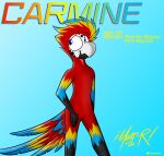  absurd_res anthro ara_(genus) avian beak bird carmine_(meatyr) claws facial_markings feathers head_markings hi_res macaw male markings meatyr multicolored_body multicolored_feathers neotropical_parrot nervous_smile parrot red_body scar scarlet_macaw solo true_parrot 