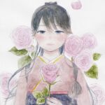  1girl black_eyes black_hair black_hakama commentary_request flower hakama holding holding_flower houshou_(kancolle) japanese_clothes kantai_collection long_hair natsumi_coma pink_flower pink_lips pink_rose ponytail rose smile solo 