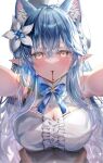  1girl blue_hair breasts cleavage food highres kasakai_hikaru large_breasts pocky pointy_ears pov solo yellow_eyes 