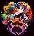  +_+ 5girls @_@ absurdres amadare_rak apron arm_ribbon asymmetrical_wings barefoot belt between_fingers black_background black_belt black_boots black_dress black_hair black_hat black_sandals black_skirt blonde_hair blue_dress blue_hair blush_stickers boots bow brown_mask buttons chinese_clothes cloak closed_mouth colored_inner_hair commentary_request constellation_print crescent crescent_print dalachi_(headdress) detached_sleeves diamond_button dress empty_eyes energy eye_mask fire flower flying full_body green_apron green_belt green_bow green_dress green_hairband green_headscarf green_skirt hair_between_eyes hairband half_eye_mask hands_up haniyasushin_keiki hat headscarf heart highres holding holding_tool index_finger_raised iwanaga_ariya jewelry junko_(touhou) leaf leg_ribbon long_hair long_sleeves looking_at_viewer magatama magatama_necklace mandarin_collar mask matara_okina multicolored_dress multicolored_hair multicolored_hairband multiple_girls neck_ribbon necklace open_mouth orange_dress orange_hair orange_hairband orange_sleeves orange_tabard patchwork_clothes phoenix_print pink_dress pink_flower pink_hair pink_hairband pocket pom_pom_(clothes) puffy_long_sleeves puffy_short_sleeves puffy_sleeves purple_dress purple_eyes purple_hair purple_hairband rainbow_order red_dress red_eyes red_hairband red_tabard ribbon sandals shirt short_hair short_sleeves simple_background skeletal_wings skirt smile sparkle stage_connection standing standing_on_one_leg star_(symbol) tabard tassel tenkyuu_chimata touhou turtleneck turtleneck_dress wavy_hair white_cloak white_shirt wide_sleeves wings wood_carving_tool yellow_dress yellow_eyes yellow_hairband yellow_ribbon 