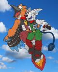 3_eyes 4:5 anthro avian bird blue_tongue boots bucerotiform clothing cosplay cybernetic_eye cybernetic_limb cybernetic_tail cybernetics duo feathers flying footwear fur green_jumpsuit grey_body grey_clothing grey_fur grey_jacket grey_topwear hi_res hoopoe how-did-we-get-here jacket machine male male/male multi_eye nintendo orange_body orange_feathers red_jumpsuit red_scarf regdeh rocket_boots scarf shoes sky skyscape star_fox tongue topwear zalno
