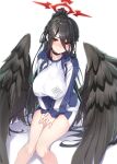  1girl black_choker black_hair black_wings blue_archive blush breasts choker feathered_wings gym_uniform hair_between_eyes hasumi_(blue_archive) hasumi_(gym_uniform)_(blue_archive) highres jacket large_breasts large_wings long_hair looking_at_viewer moeki_yuuta mole mole_under_eye official_alternate_costume partially_unzipped ponytail red_eyes shirt sitting solo sportswear track_jacket very_long_hair white_background white_shirt wings 