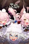  3girls aged_down animal_ear_fluff animal_ears bangs black_bow black_gloves blue_bow blue_eyes blush bow breasts cape capelet cat_ears cat_girl coat dobrynya_nikitich_(fate) dress echo_(circa) fate/grand_order fate_(series) fox_ears fox_girl fox_tail fur-trimmed_capelet fur-trimmed_headwear fur_trim gauntlets gloves grey_dress hair_between_eyes hair_bow hat koyanskaya_(assassin)_(second_ascension)_(fate) koyanskaya_(fate) koyanskaya_(foreigner)_(second_ascension)_(fate) large_breasts long_hair long_sleeves looking_at_viewer low_ponytail multiple_girls open_mouth pantyhose pink_hair rabbit_ears red_coat sidelocks smile tail tamamo_(fate) twintails white_capelet white_hair white_headwear white_pantyhose yellow_eyes 