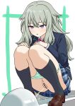  1girl bar_censor black_socks blazer blue_jacket blue_skirt brown_shoes censored commentary_request commission double-parted_bangs full_body green_panties grey_hair hands_on_own_knees highres jacket kneehighs kusanagi_nene loafers long_sleeves miniskirt panties panty_pull parted_lips pee peeing pixiv_commission plaid_clothes plaid_skirt project_sekai purple_eyes pussy senedesumusu-saik0-20o8 shoes skirt socks solo squat_toilet squatting toilet_use underwear white_background 