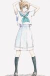  1girl absurdres aqua_neckerchief arms_up bbmasa black_shoes black_socks blue_eyes blue_sailor_collar blue_skirt blush brown_hair closed_mouth commentary_request full_body gradient_background grey_background hair_lift hands_in_own_hair hibike!_euphonium highres holding holding_own_hair kasaki_nozomi kitauji_high_school_uniform kneehighs liz_to_aoi_tori loafers looking_at_viewer neckerchief pleated_skirt ponytail sailor_collar school_uniform shirt shoes short_hair short_sleeves skirt socks solo standing summer_uniform traditional_media white_shirt 