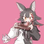  1girl animal_ear_fluff animal_ears biting black_hair blush clenched_teeth cocomayo29_(tomato) commentary eating fingernails food fox_girl hair_between_eyes hair_ornament hairclip highres holding holding_food hololive hood hoodie long_hair long_sleeves mascot meat miofa_(ookami_mio) multicolored_hair ookami_mio ookami_mio_(hoodie) open_mouth red_hair simple_background steak streaked_hair sweat teeth two-tone_hoodie virtual_youtuber white_background wolf_ears wolf_girl yellow_eyes 