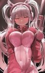  1girl alice_(nikke) bodysuit breasts closed_mouth covered_navel covered_nipples genek gloves goddess_of_victory:_nikke gun holding holding_gun holding_weapon large_breasts long_hair long_sleeves looking_at_viewer pink_bodysuit pink_gloves red_eyes smile solo twintails weapon white_hair 