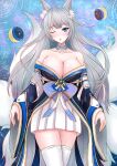  1girl animal_ear_fluff animal_ears azur_lane bare_shoulders blue_butterfly blue_eyes blue_garter_straps blue_kimono blush breasts bug butterfly cleavage fox_ears fox_girl fox_tail grey_hair highres japanese_clothes kimono kitsune kyuubi large_breasts long_hair looking_at_viewer moon_phases multiple_tails one_eye_closed panties pantyshot sai-go shinano_(azur_lane) solo tail thighhighs underwear very_long_hair 