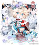  1girl :d absurdres animal_ears blonde_hair blue_eyes blush bu_zhenshi_ban_jiajiajiu commission double-parted_bangs fang flower hair_between_eyes hair_ornament hairclip hands_up hat highres holding holding_letter hydrangea letter long_sleeves looking_at_viewer mihuashi_username open_mouth original parallel_hairclips red_hat red_shirt sample_watermark shirt short_hair skin_fang smile solo upper_body watermark 