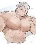  1boy abs bara barbell_piercing blue_hair cropped_torso ear_piercing eyebrow_piercing face_piercing facial_hair goatee_stubble grey_eyes grey_hair highres industrial_piercing large_pectorals long_sideburns looking_at_viewer male_focus mature_male mikiya_(mine_miki0840) multicolored_hair muscular muscular_male mustache_stubble navel_hair nipple_piercing nipples original pectorals piercing sanpaku short_hair sideburns signature simple_background smoking solo sparse_chest_hair streaked_hair stubble thick_arms thick_eyebrows topless_male two-tone_hair 
