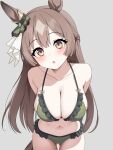  1girl absurdres animal_ears arms_behind_back ass_visible_through_thighs bare_shoulders bikini blush braid breasts brown_eyes brown_hair collarbone double-parted_bangs ear_ornament green_bikini grey_background hair_between_eyes half_up_braid half_updo highres horse_ears horse_girl horse_tail large_breasts long_hair looking_at_viewer multicolored_hair open_mouth parted_lips satono_diamond_(umamusume) simple_background solo streaked_hair swimsuit tail umamusume very_long_hair zhanderlul 