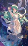  1girl :o absurdres akizero1510 arm_behind_head arm_up armpits bare_arms barefoot breasts dress finana_ryugu fish_girl floating_hair flower foot_out_of_frame green_hair hair_flower hair_ornament halter_dress halterneck hand_up head_fins highres lazulight leg_up long_dress long_hair looking_at_viewer navel nijisanji nijisanji_en orange_eyes panties parted_lips purple_flower sleeveless sleeveless_dress small_breasts stomach underwear virtual_youtuber white_dress white_panties 