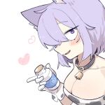  1girl animal_ears animal_print bell blush bottle breasts cat_ears cocomayo29_(tomato) collar collarbone commentary cow_print cowbell from_side gloves hair_over_eyes heart holding holding_bottle hololive large_breasts looking_at_viewer milk milk_bottle nekomata_okayu open_mouth purple_hair sanpaku simple_background solo strapless tube_top upper_body white_background white_gloves 